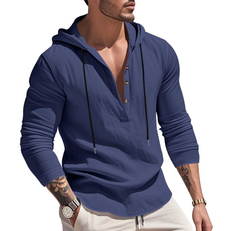 Hoodie à Capuche Boutonné en Lin pour Homme - Bleu foncé