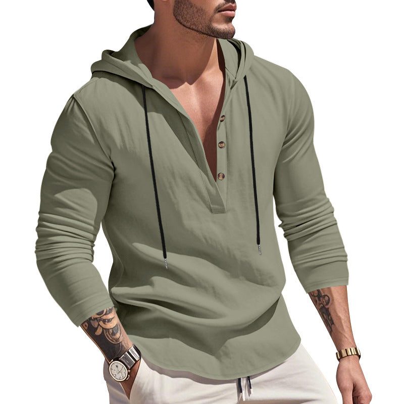 Hoodie à Capuche Boutonné en Lin pour Homme - Vert olive