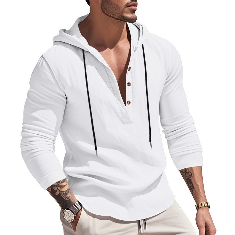 Hoodie à Capuche Boutonné en Lin pour Homme - Blanc