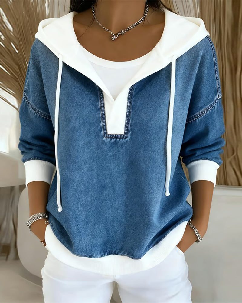 Hoodie à Lacets et Panneaux en Jean pour Femme - Bleu