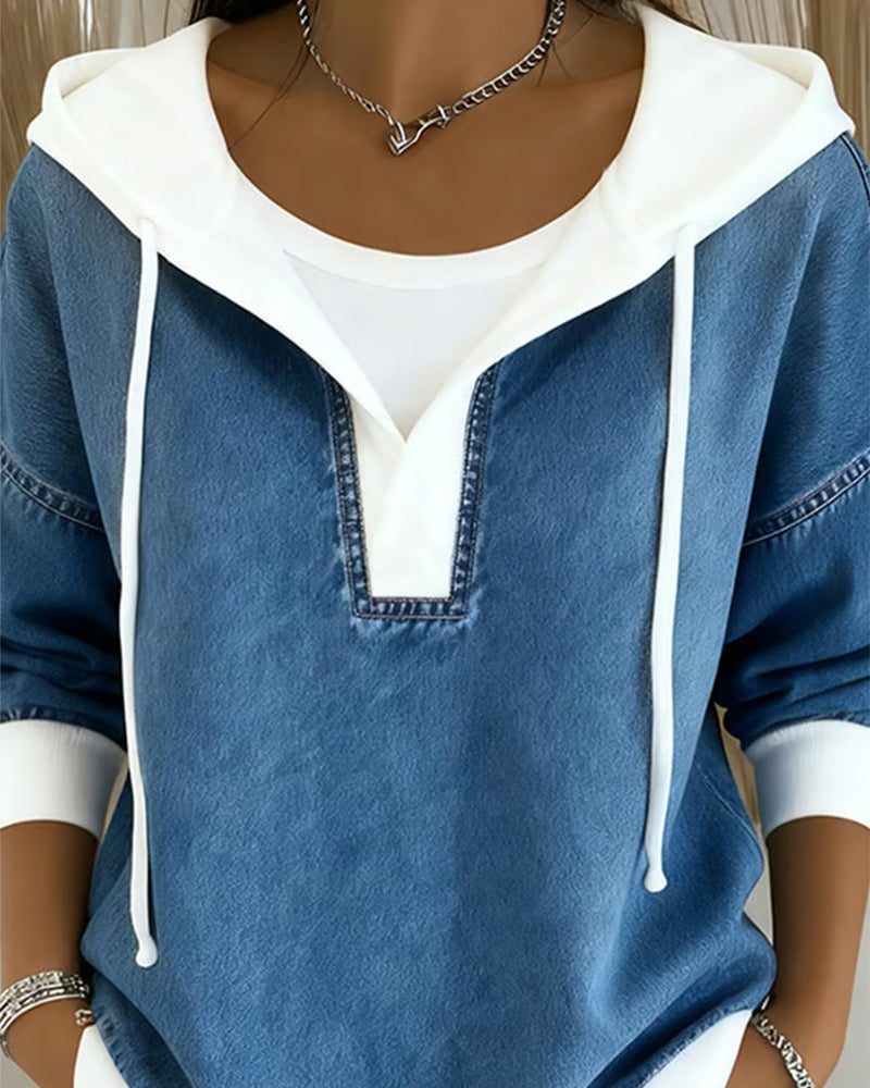 Hoodie à Lacets et Panneaux en Jean pour Femme