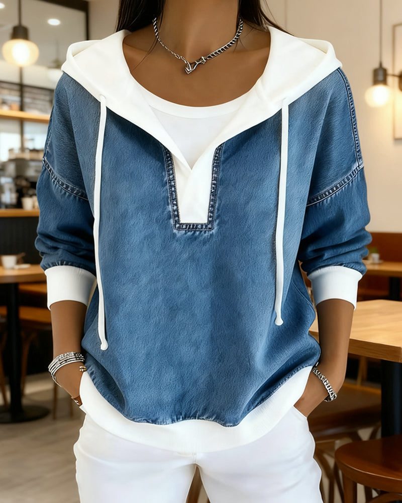 Hoodie à Lacets et Panneaux en Jean pour Femme - View 4
