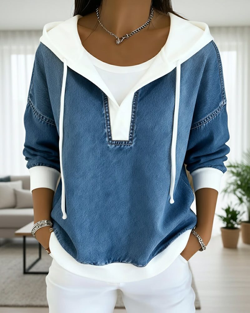 Hoodie à Lacets et Panneaux en Jean pour Femme - View 5