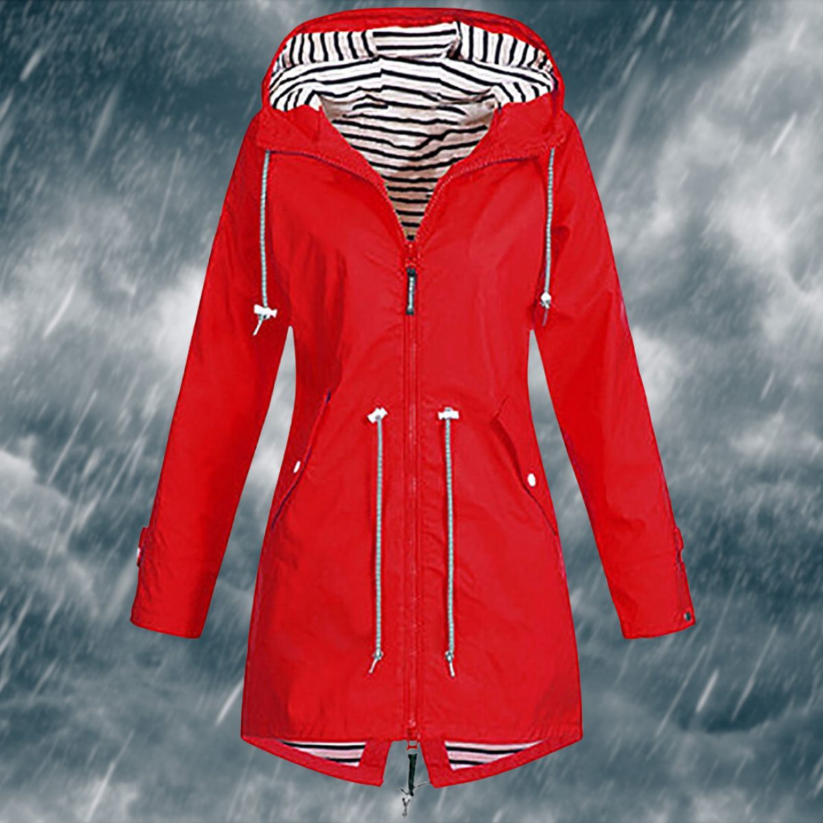 Imperméable à Capuche avec Manches Longues pour Femme - Rouge
