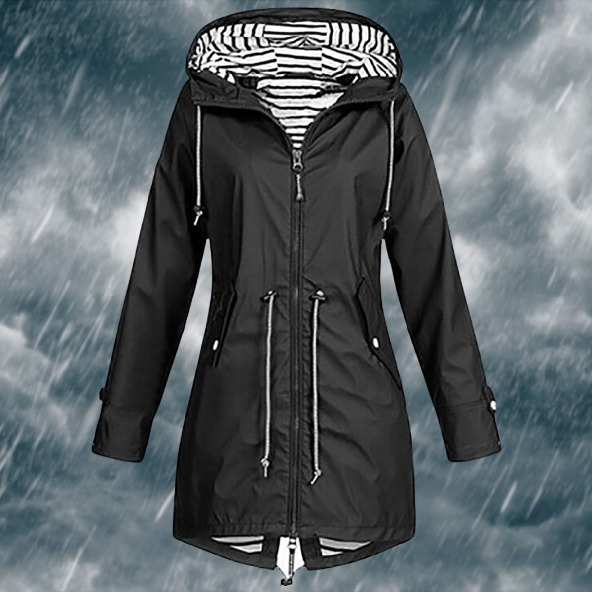 Imperméable à Capuche avec Manches Longues pour Femme - Noir