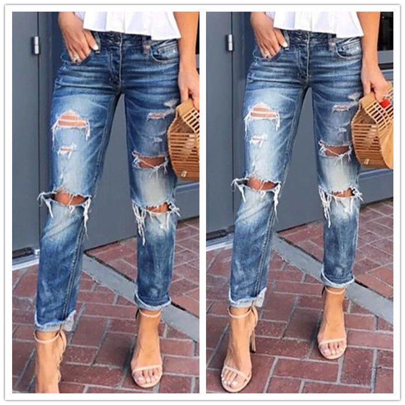 Jean Destroyed Taille Haute Coupe Boyfriend pour Femme