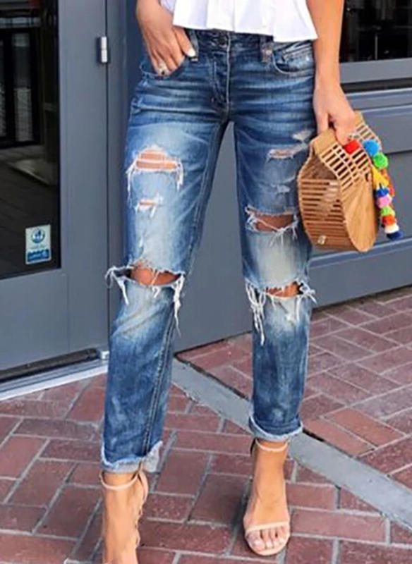 Jean Destroyed Taille Haute Coupe Boyfriend pour Femme - Bleu