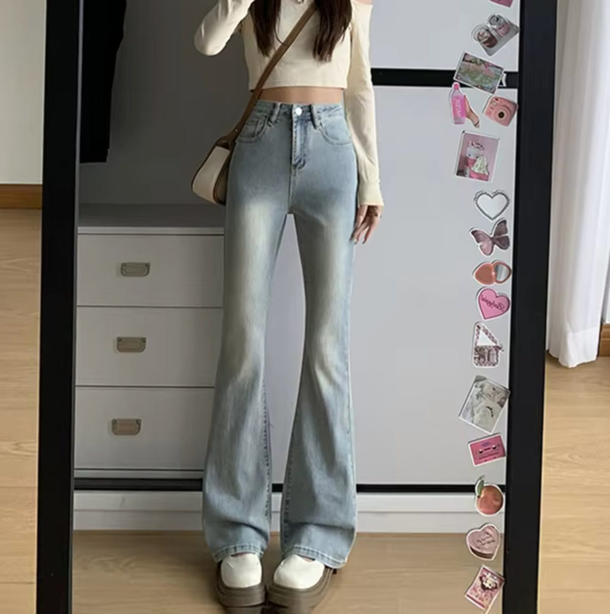 Jean Taille Haute Évasé pour Femme - Gris clair