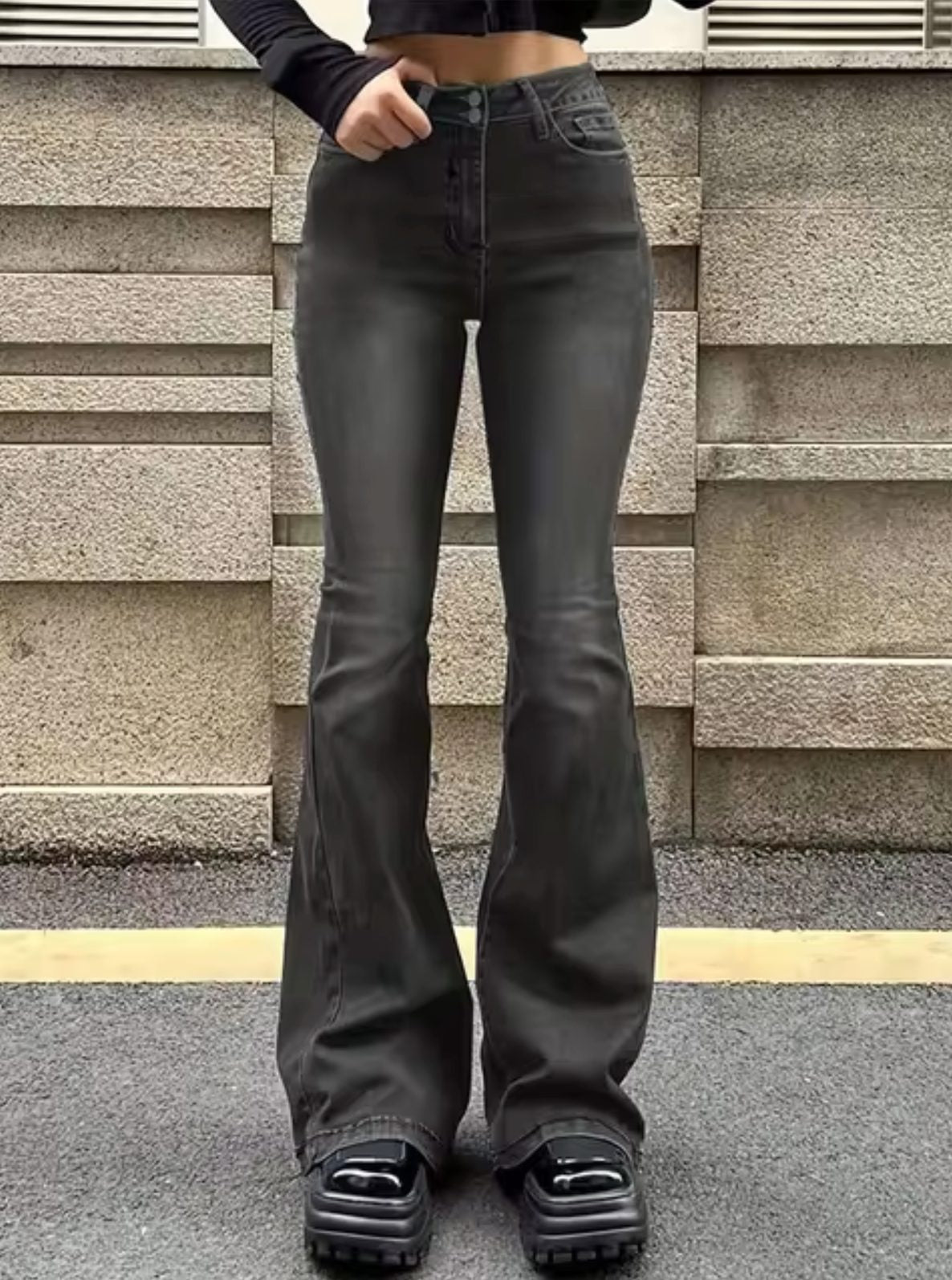 Jean Taille Haute Évasé pour Femme - Gris foncé