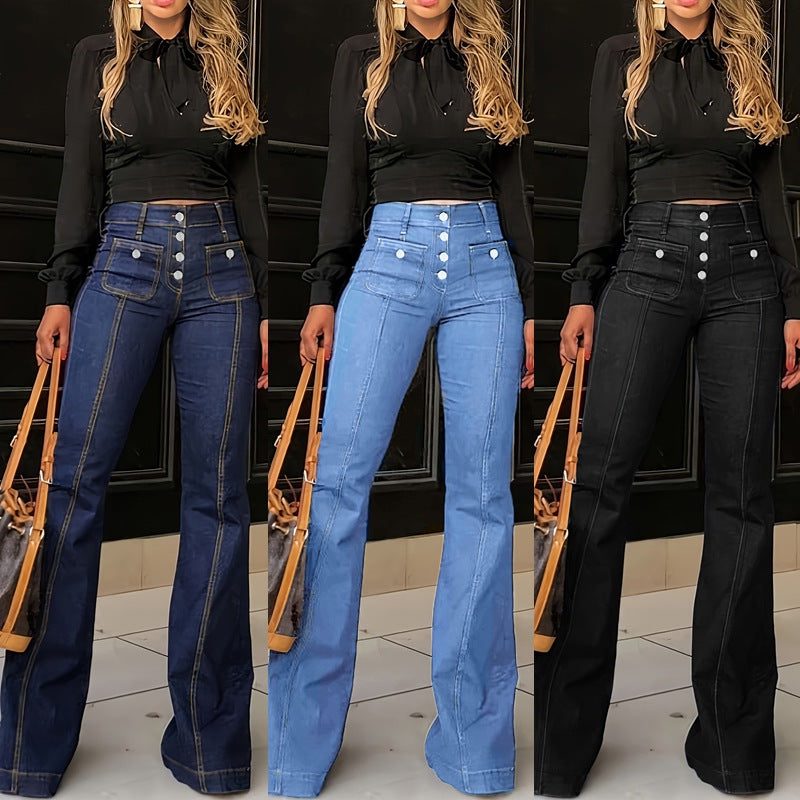 Jean Évasé Taille Haute avec Détails Boutons pour Femme