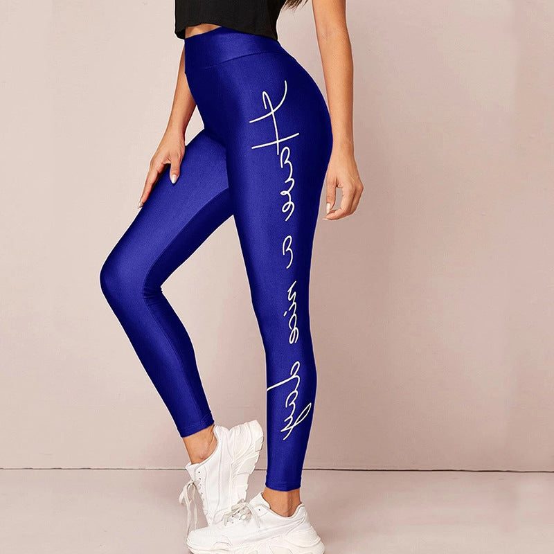 Legging de Sport Taille Haute avec Inscriptions pour Femme - Bleu