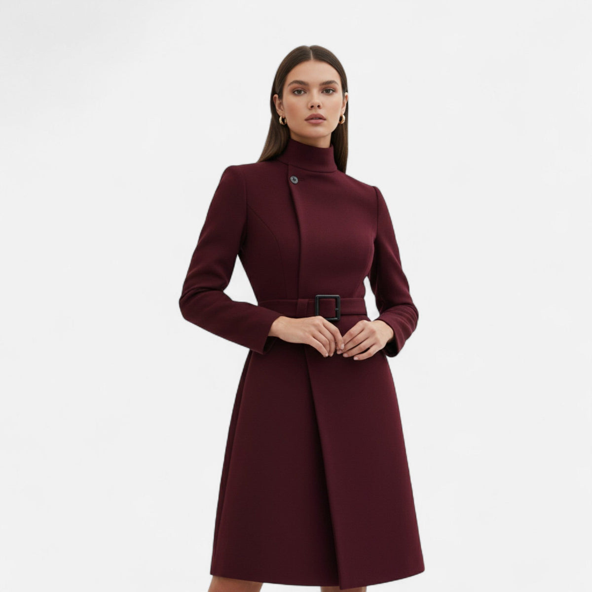 Manteau Cintrée à Col Montant avec Ceinture pour Femme