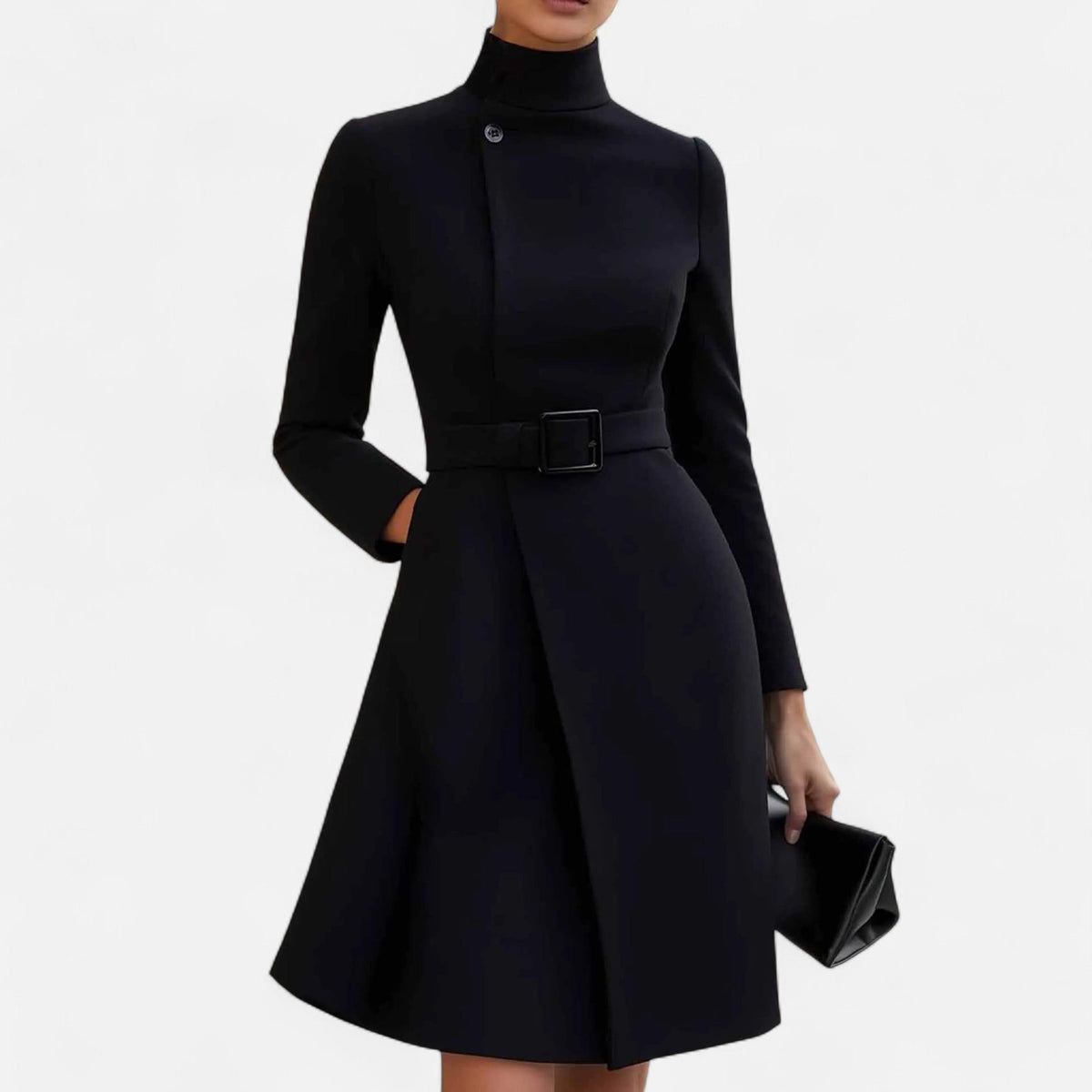 Manteau Cintrée à Col Montant avec Ceinture pour Femme - Noir