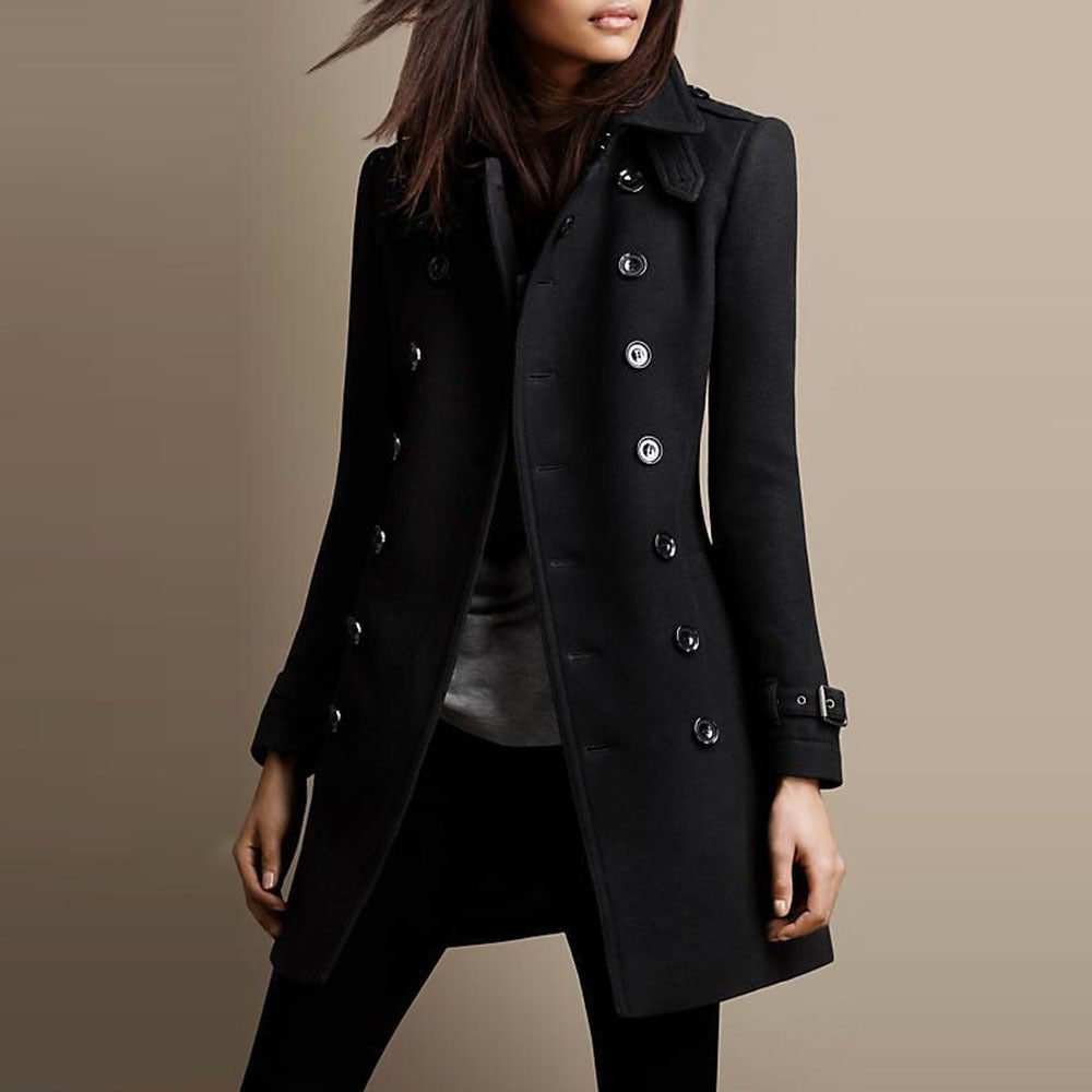Manteau Double-Boutonnage à Col Montant pour Femme - Noir
