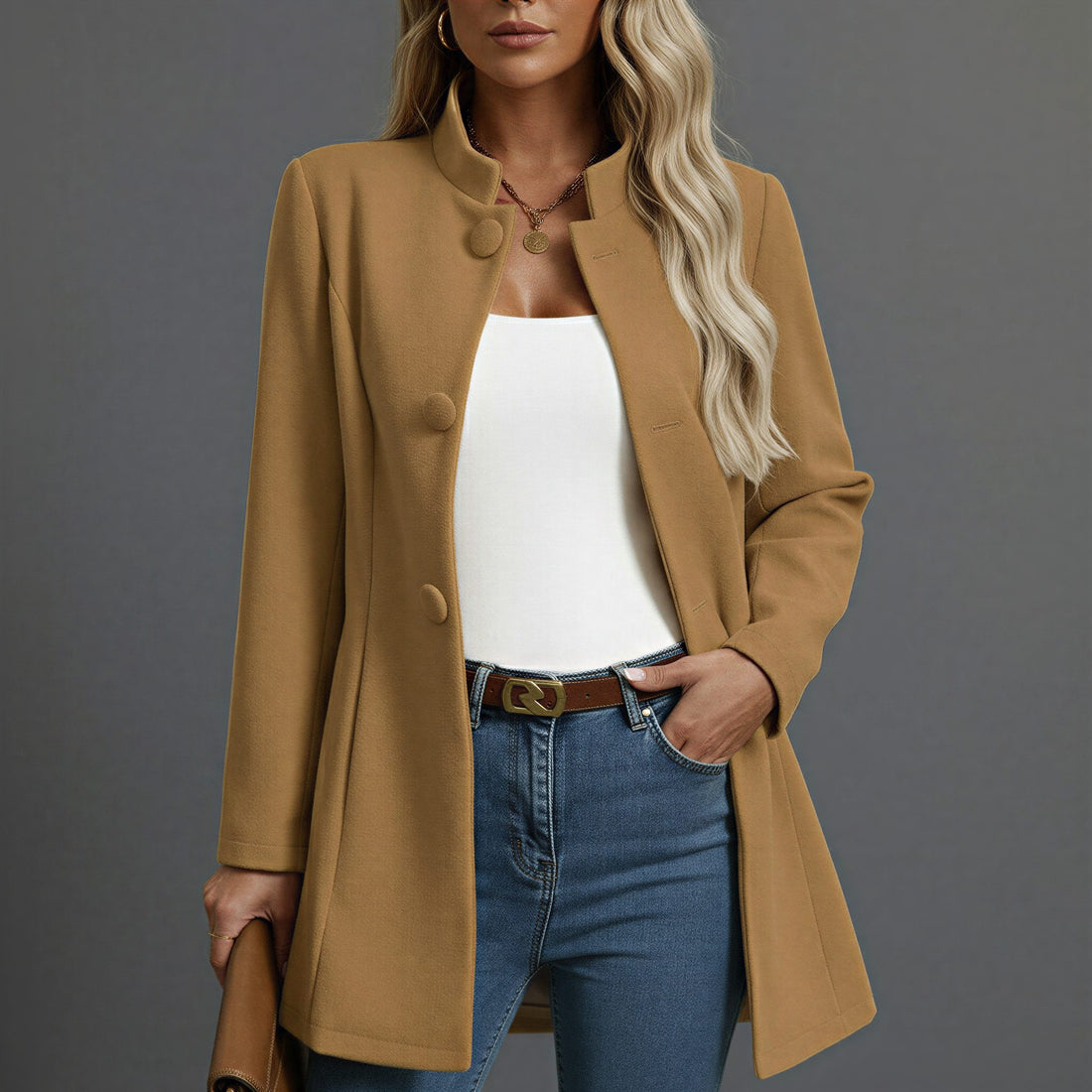 Manteau Ligne A Boutonné Col Montant pour Femme