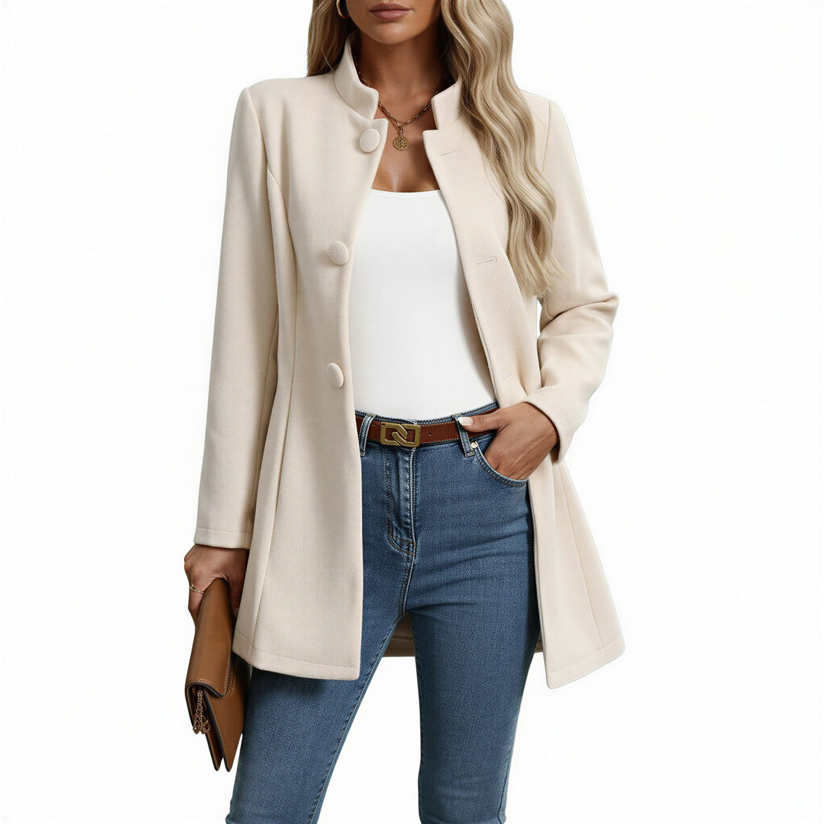 Manteau Ligne A Boutonné Col Montant pour Femme - Crème
