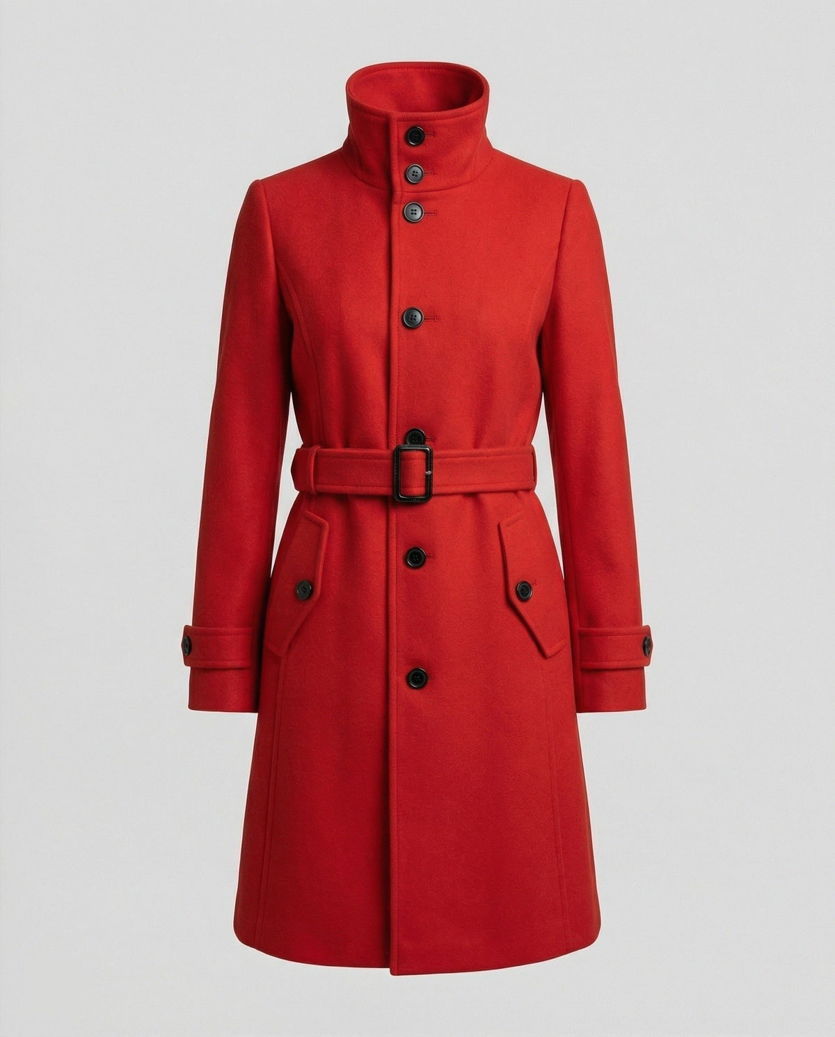 Manteau Long Ceinturé avec Col Montant pour Femme - Rouge