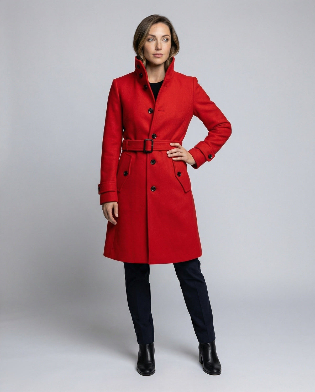 Manteau Long Ceinturé avec Col Montant pour Femme