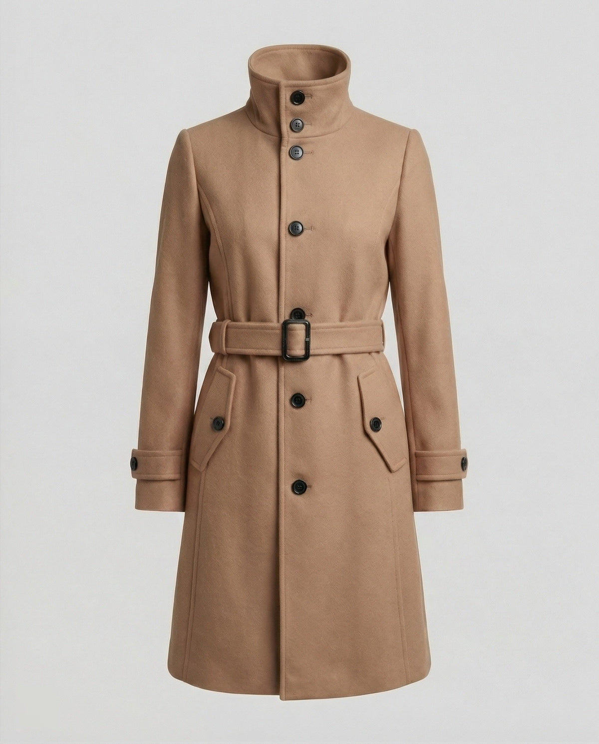 Manteau Long Ceinturé avec Col Montant pour Femme - Kaki