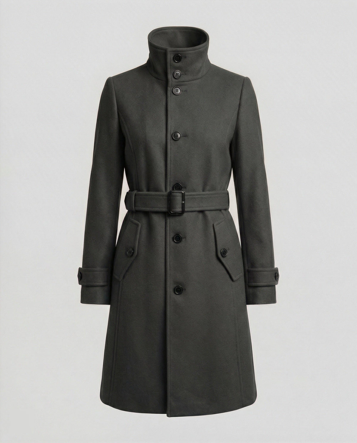 Manteau Long Ceinturé avec Col Montant pour Femme - Gris foncé