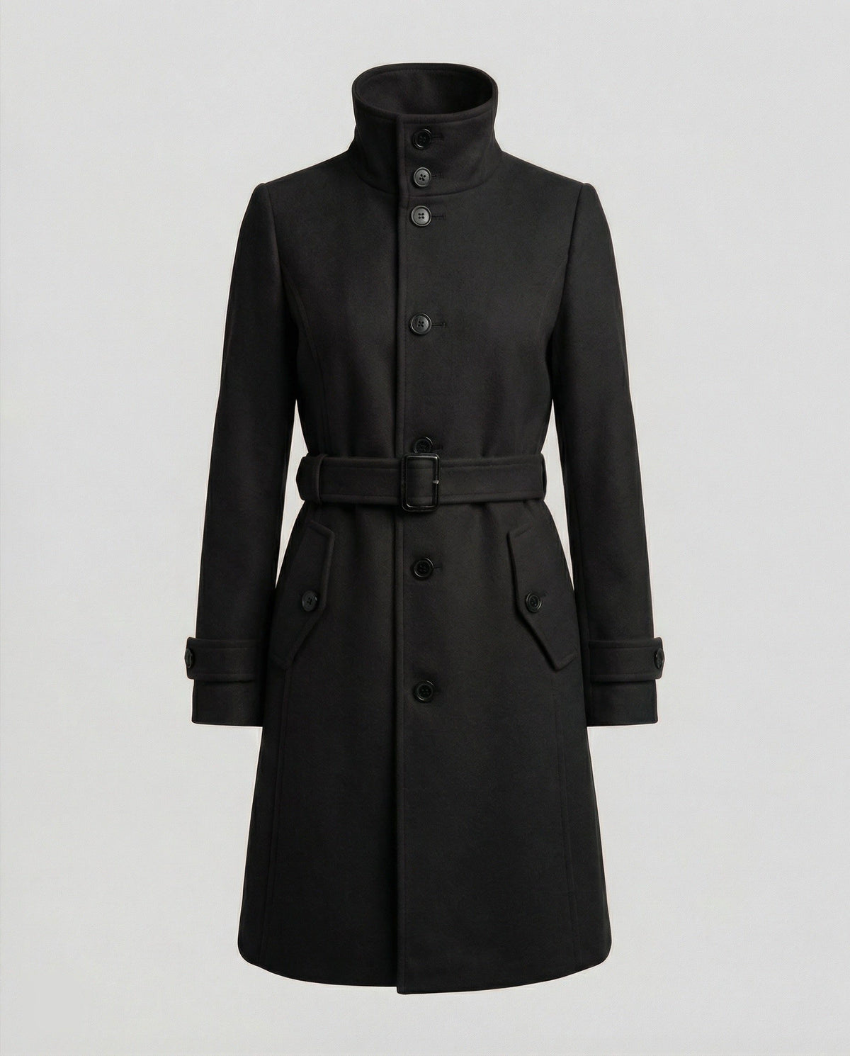 Manteau Long Ceinturé avec Col Montant pour Femme - Noir