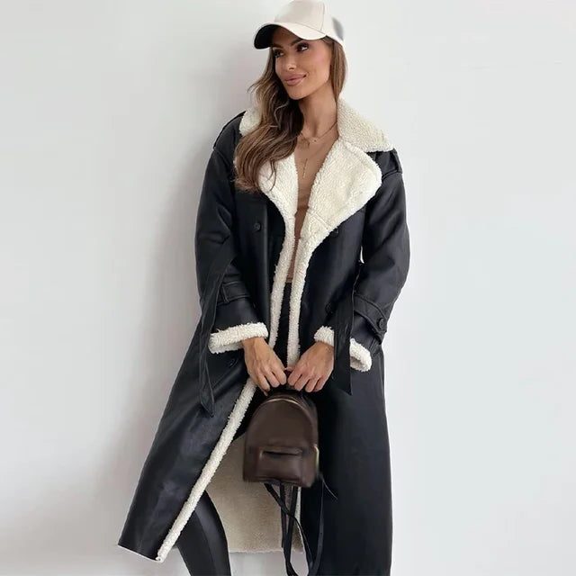 Manteau Long Doublé Mouton pour Femme - Noir