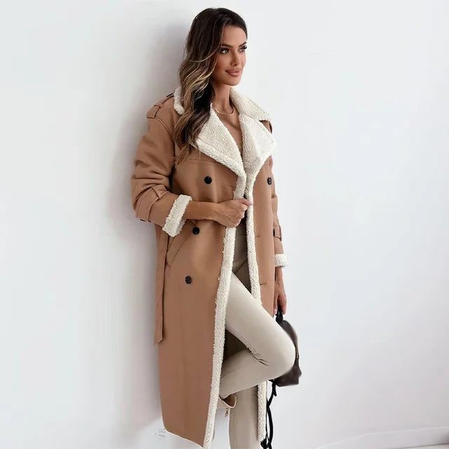 Manteau Long Doublé Mouton pour Femme - Marron clair