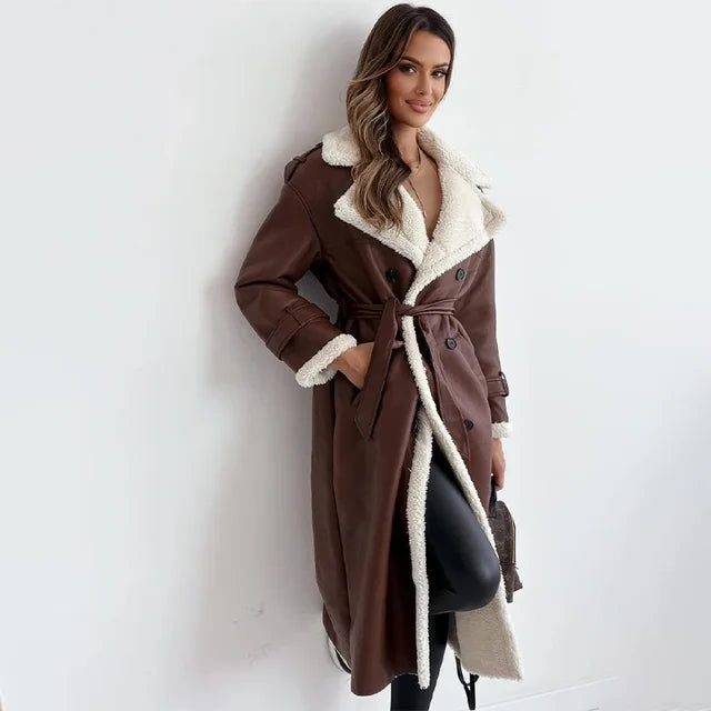 Manteau Long Doublé Mouton pour Femme - Marron foncé