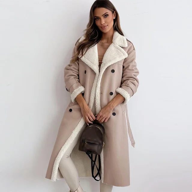 Manteau Long Doublé Mouton pour Femme - Beige