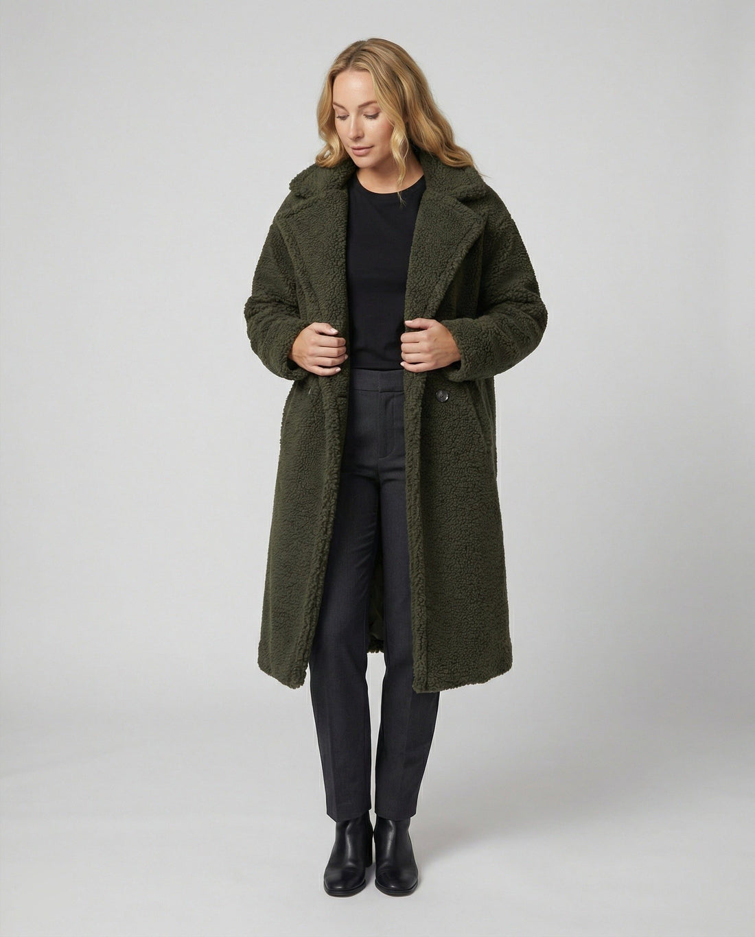 Manteau Long en Laine Bouclée avec Col Revers pour Femme
