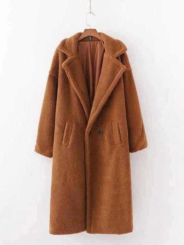 Manteau Long en Laine Bouclée avec Col Revers pour Femme - Bronze