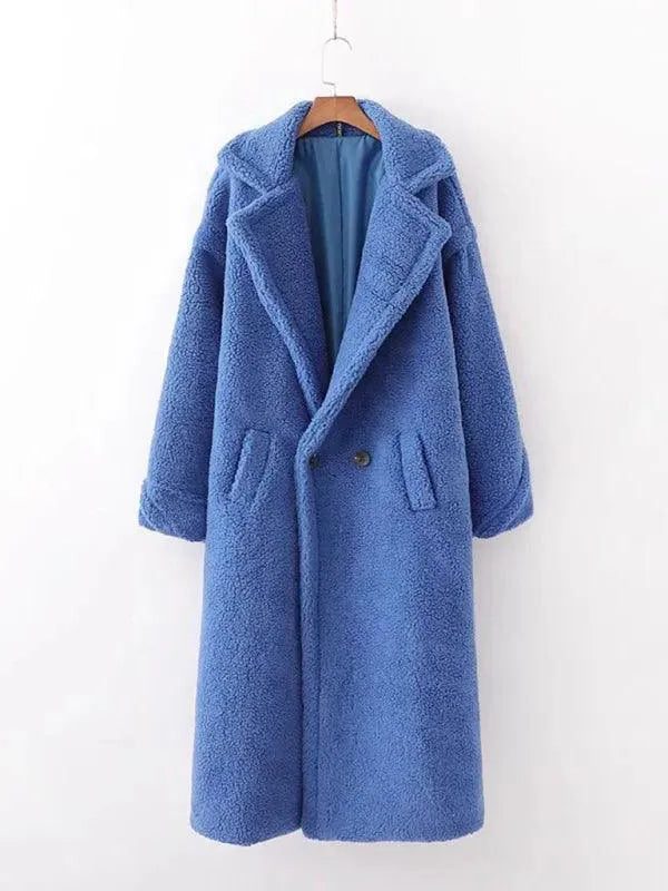 Manteau Long en Laine Bouclée avec Col Revers pour Femme - Bleu