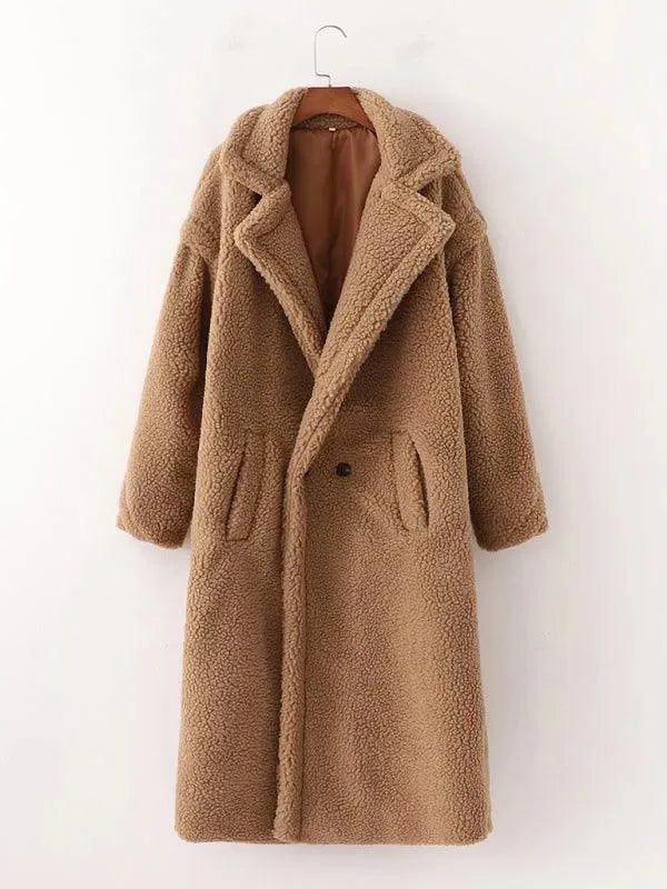 Manteau Long en Laine Bouclée avec Col Revers pour Femme - Kaki