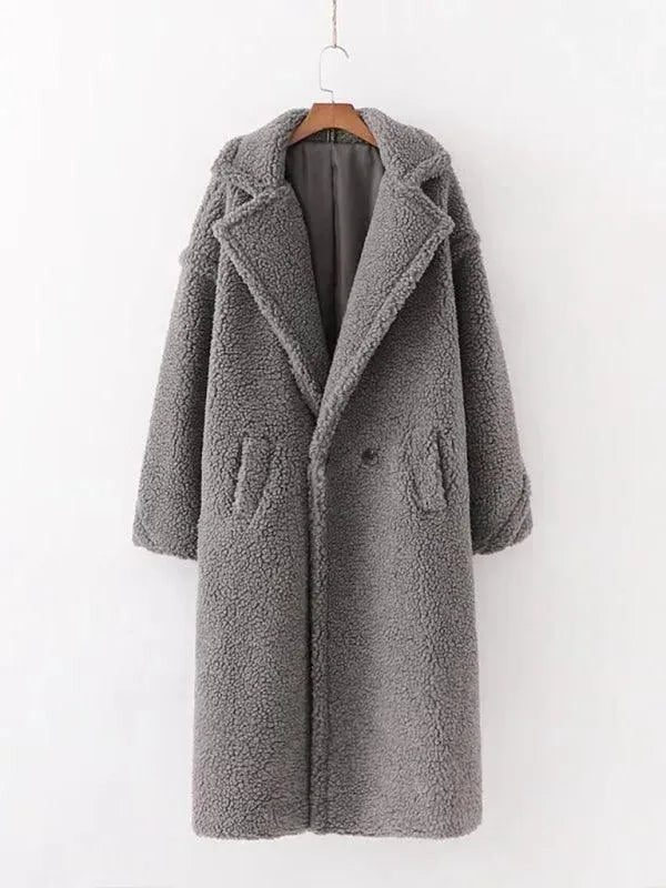 Manteau Long en Laine Bouclée avec Col Revers pour Femme - Gris