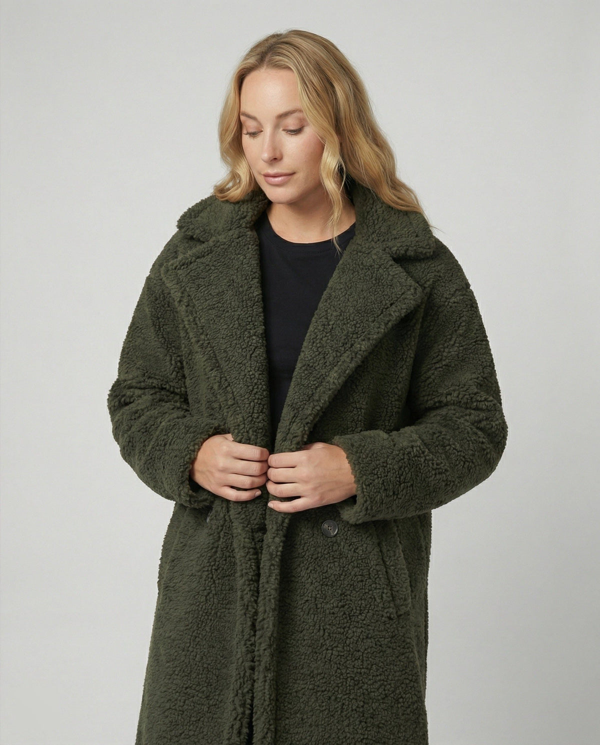 Manteau Long en Laine Bouclée avec Col Revers pour Femme - View 2