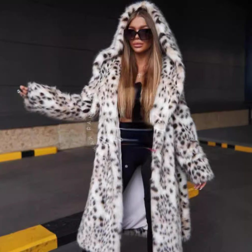 Manteau Long à Motif Léopard avec Capuche pour Femme