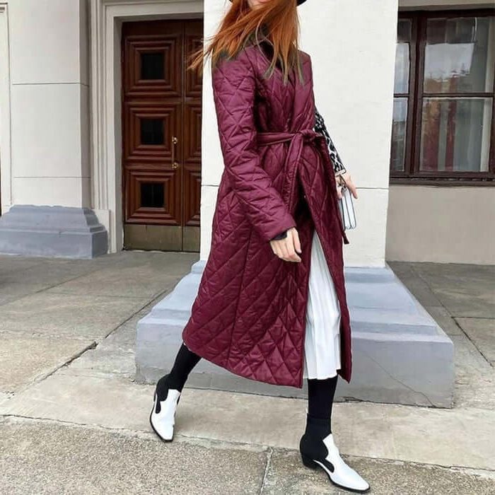 Manteau Long Matelassé avec Ceinture pour Femme