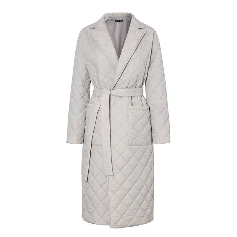 Manteau Long Matelassé avec Ceinture pour Femme