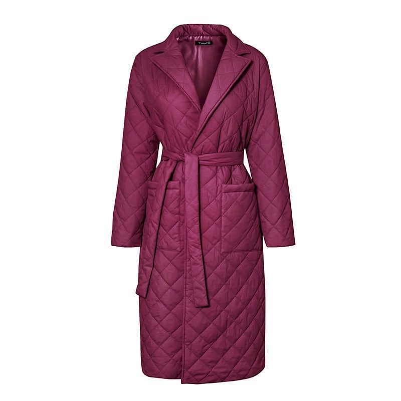 Manteau Long Matelassé avec Ceinture pour Femme