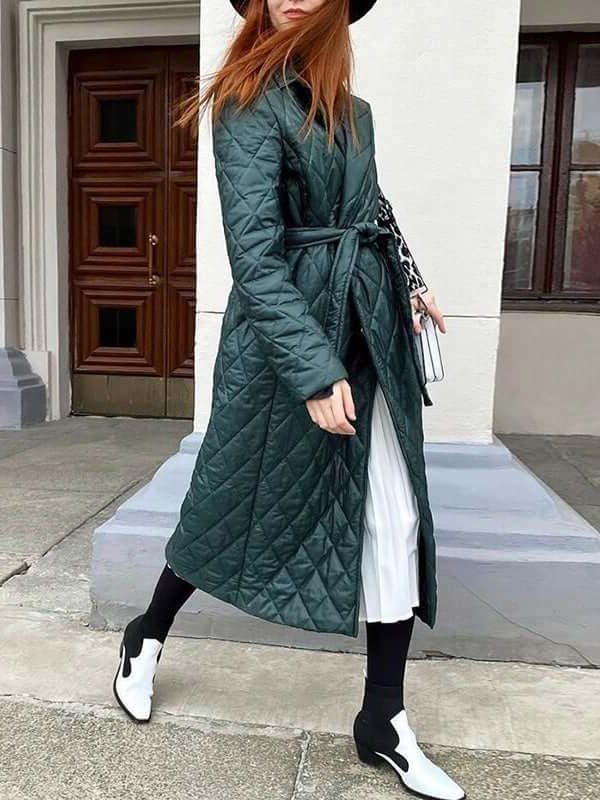 Manteau Long Matelassé avec Ceinture pour Femme