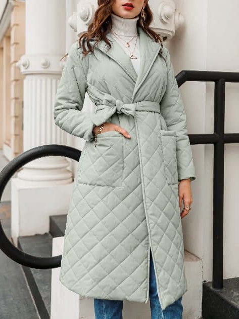 Manteau Long Matelassé avec Ceinture pour Femme