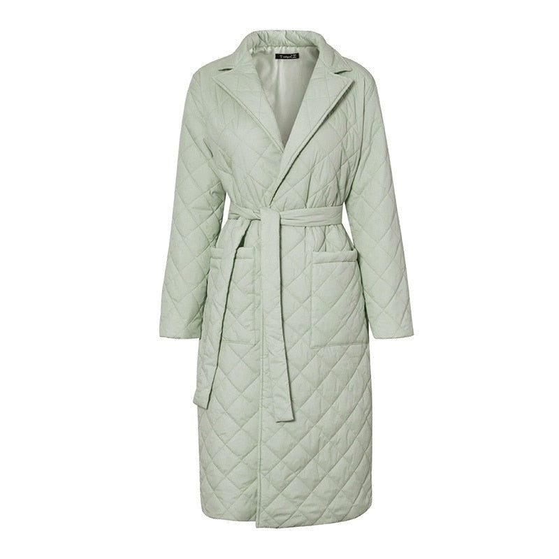 Manteau Long Matelassé avec Ceinture pour Femme