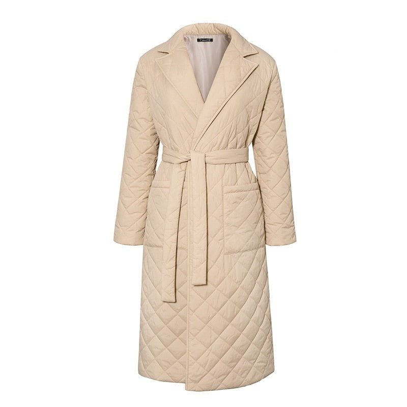 Manteau Long Matelassé avec Ceinture pour Femme