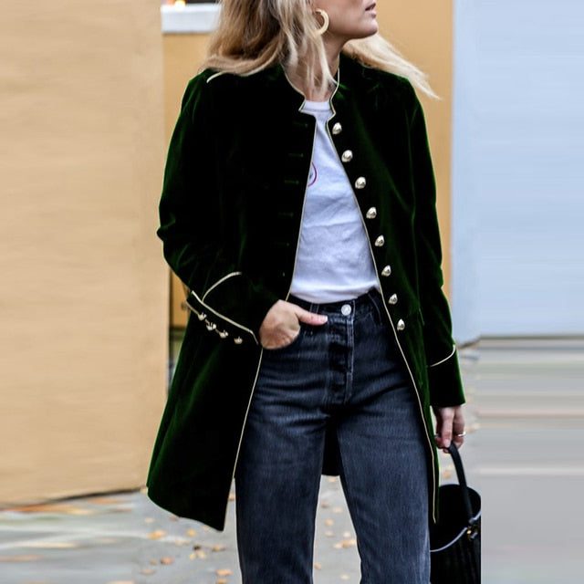Manteau Velours Boutonnage Long pour Femme - Vert foncé