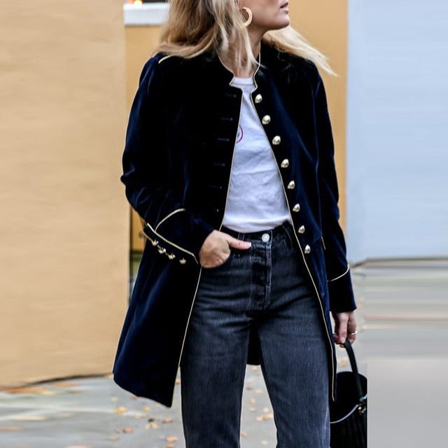 Manteau Velours Boutonnage Long pour Femme - Marine