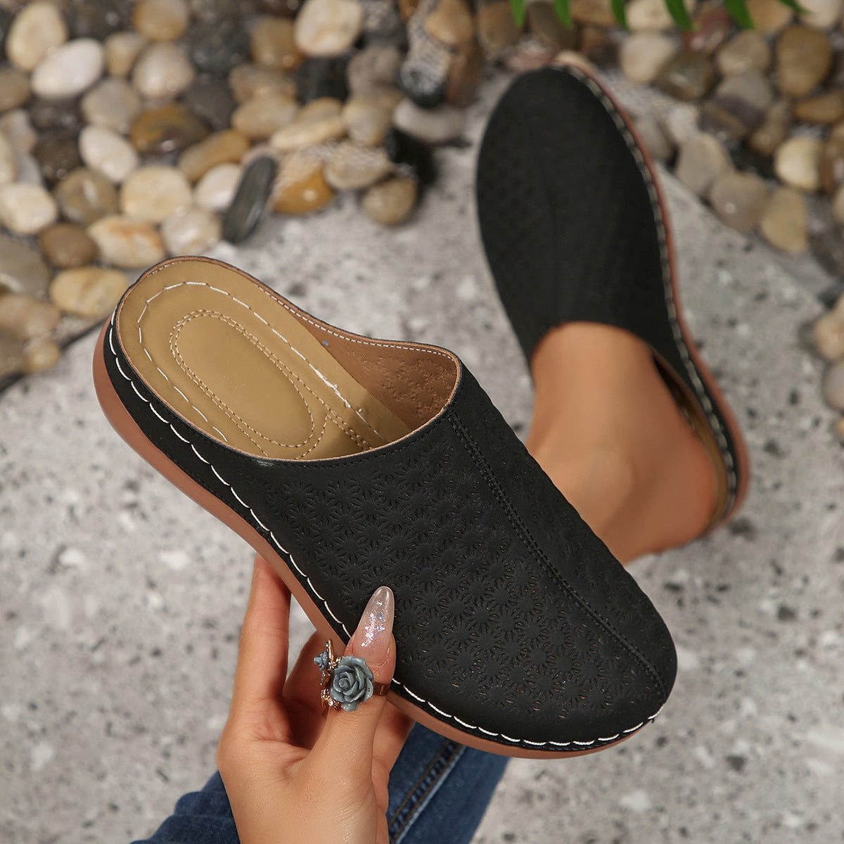 Mules Perforées à Talon Bloc pour Femme - Noir
