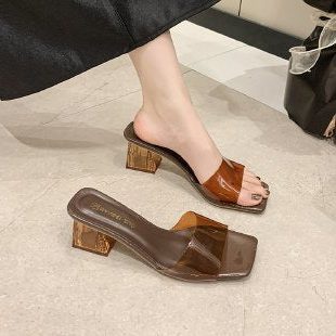 Mules à Talon Bloc Bout Carré pour Femme - Marron
