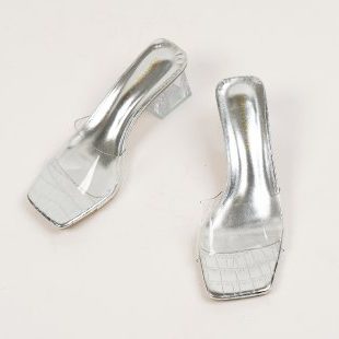 Mules à Talon Bloc Bout Carré pour Femme - Argent (2)