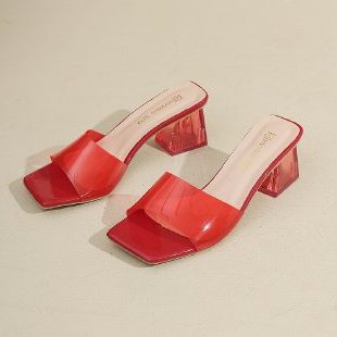 Mules à Talon Bloc Bout Carré pour Femme - Rouge
