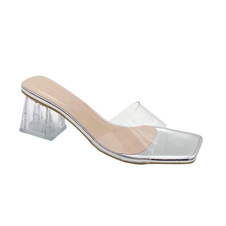 Mules à Talon Bloc Bout Carré pour Femme - Argent